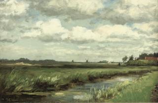 Willem Roelofs - Polder Landscape with Mills in the Distance