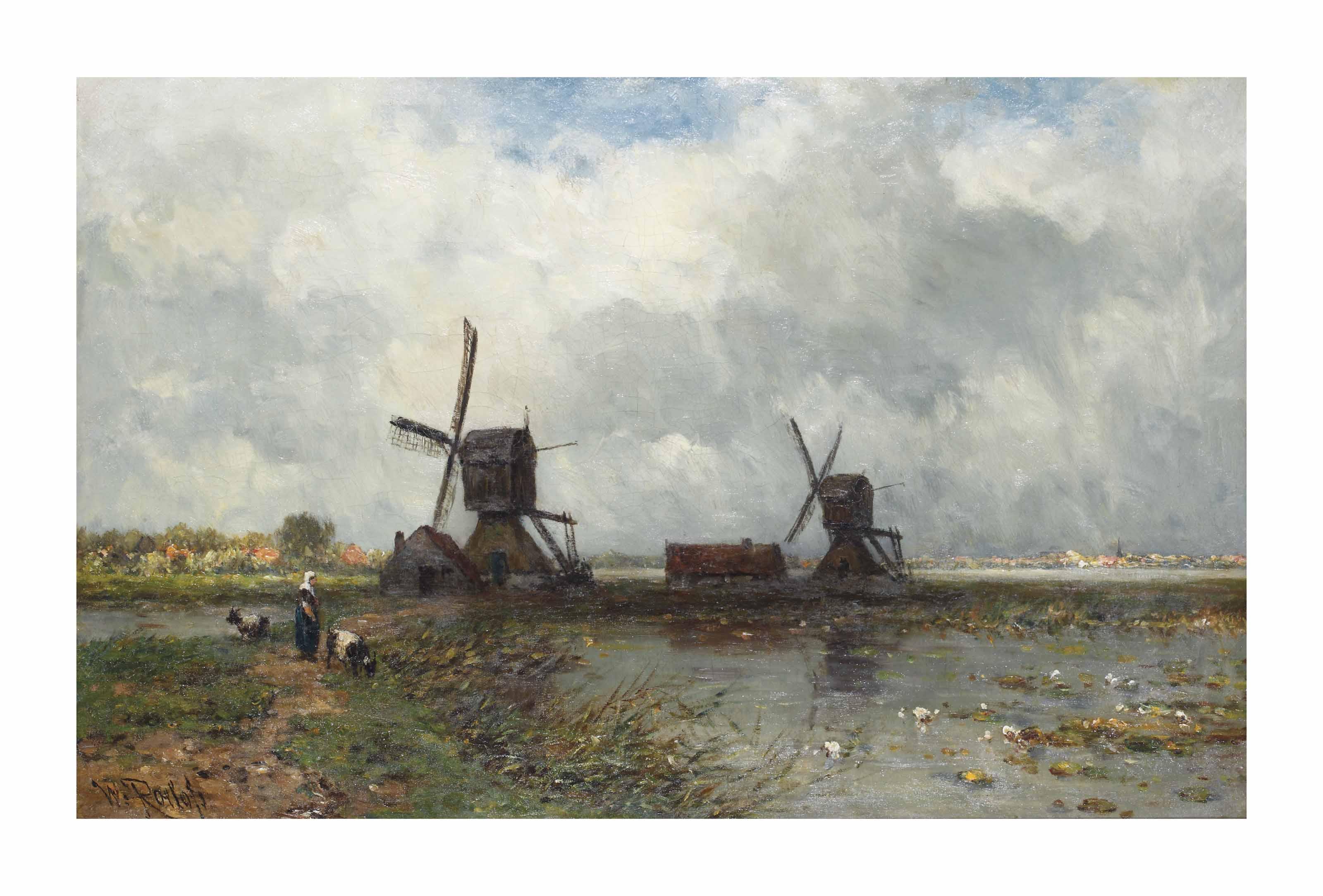 Willem Roelofs - Windmills in a Dutch polder landscape