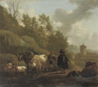 Willem Romeyn - A cowherd and cattle in an Italianate landscape