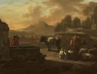 Willem Romeyn - An Italianate landscape with a herdsman drinking from a fountain, his cattle and sheep nearby