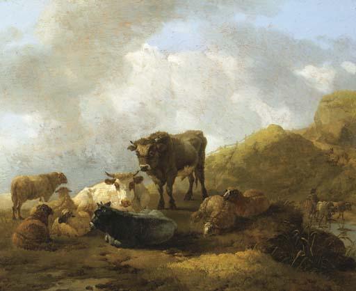 Willem Romeyn - An Italianate mountainous landscape with cattle and sheep in the foreground