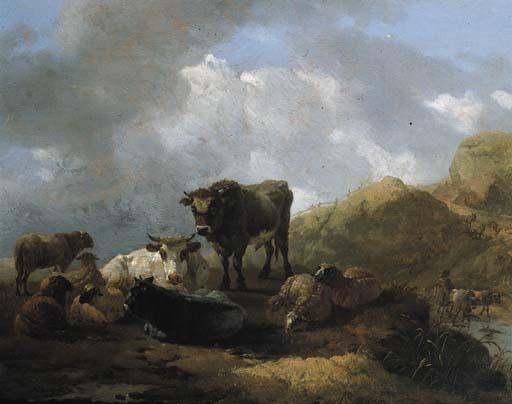 Willem Romeyn - Cattle and sheep in a meadow in an Italianate mountainous landscape