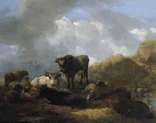 Willem Romeyn - Cattle and sheep in a meadow in an Italianate mountainous landscape