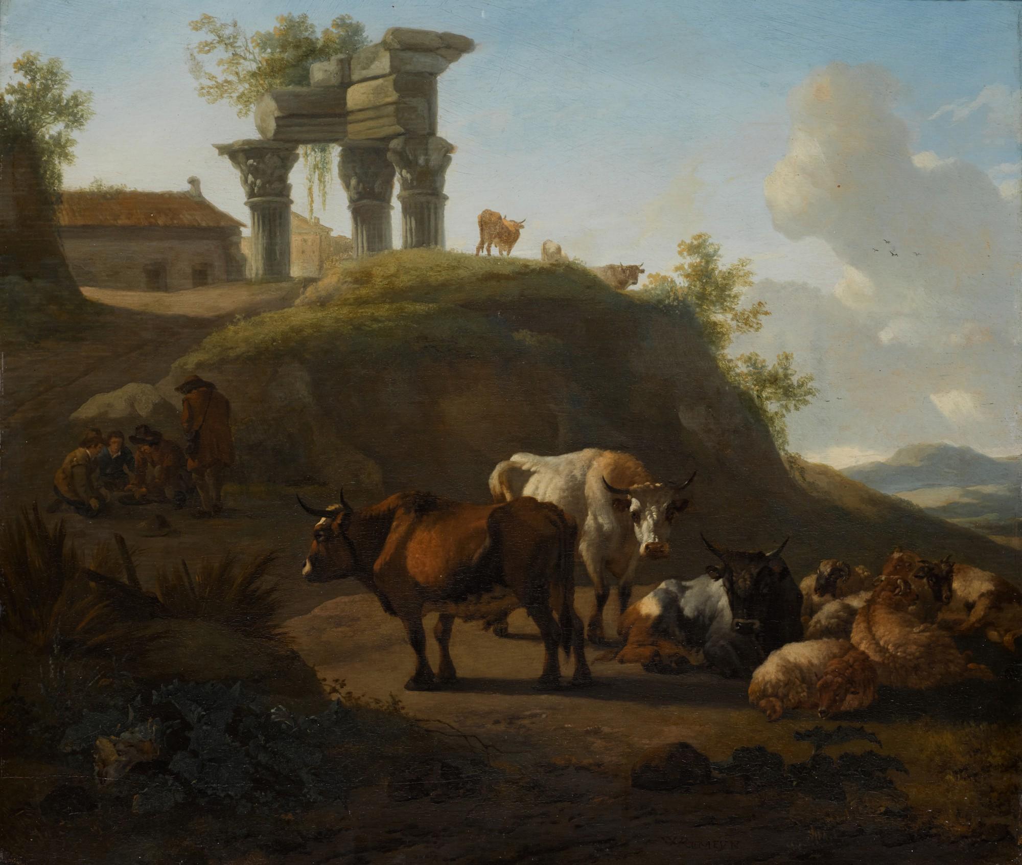 Willem Romeyn - Cattle And Sheep With Peasants And Ancient Ruins Beyond