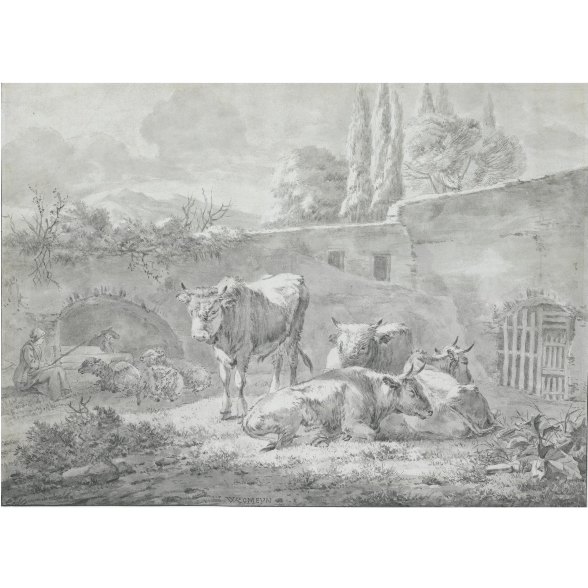 Willem Romeyn - Shepherds Tending A Herd Of Sheep And Cattle