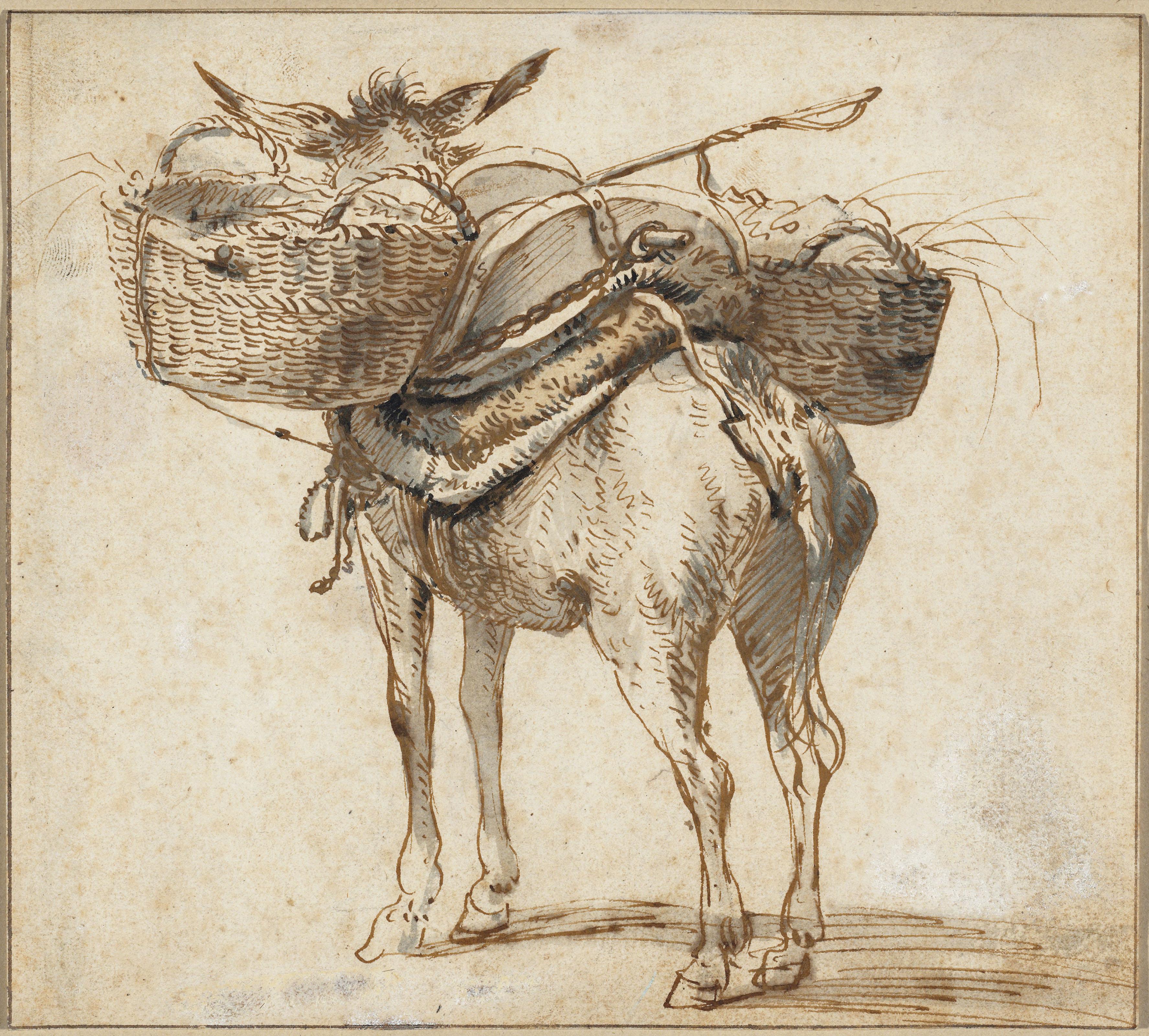 Willem Schellinks - A donkey laden with baskets, seen from behind