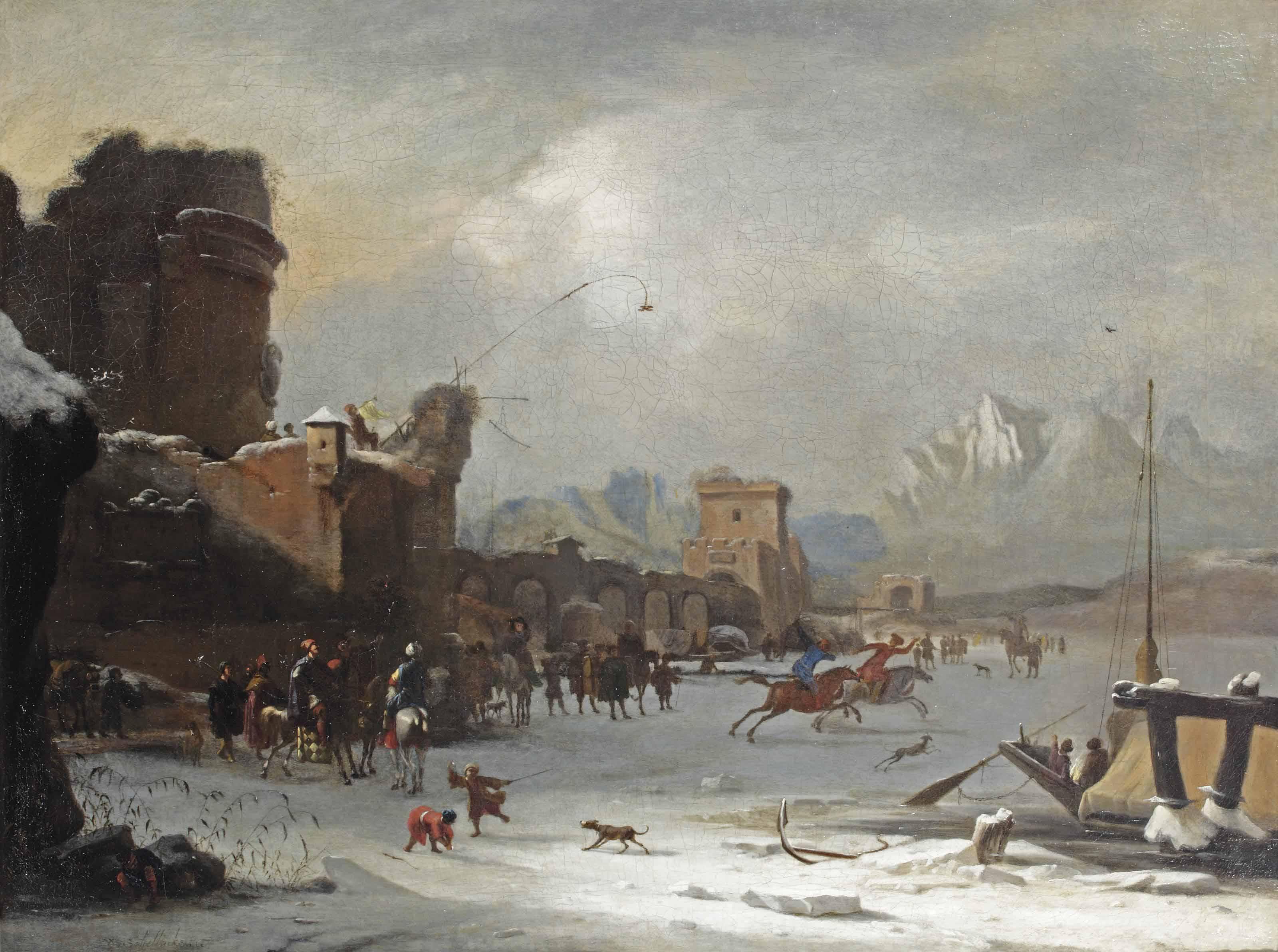 Willem Schellinks - A Winter Landscape With Horsemen Racing And Other Figures On The Frozen Tiber Near The Ponte Molle, Rome