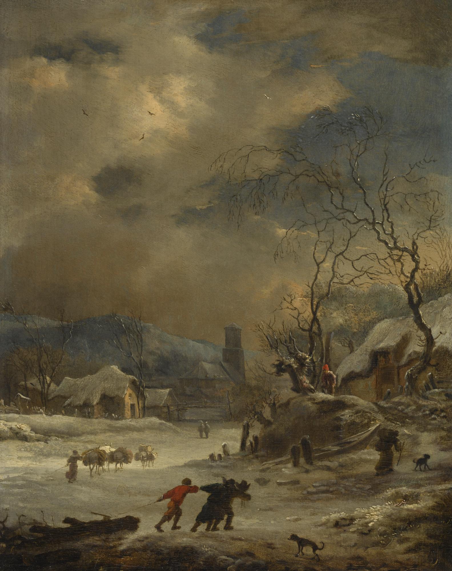 Willem Schellinks - A Winter Landscape With Travellers And Figures Gathering Logs On A Frozen River Near A Village