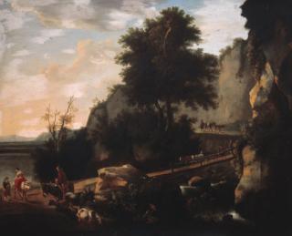 Willem Schellinks - Cowherds and cattle on a footbridge in an Italianate landscape