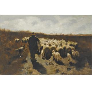 Willem Steelink - A Shepherd With His Flock In In An Autumn Landscape