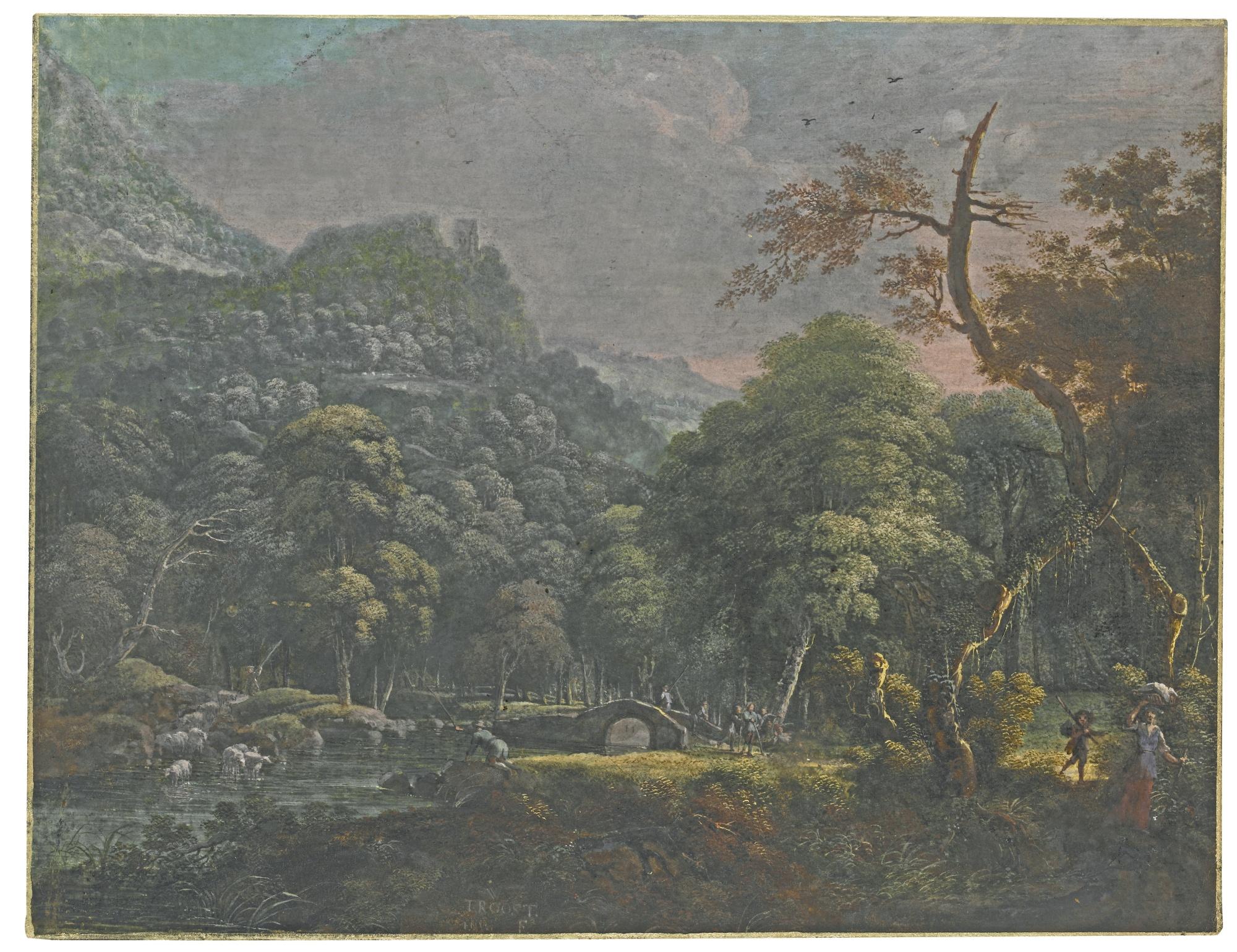 Willem Troost - A Hilly Landscape With Figures Crossing A Bridge