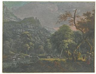 Willem Troost - A Hilly Landscape With Figures Crossing A Bridge