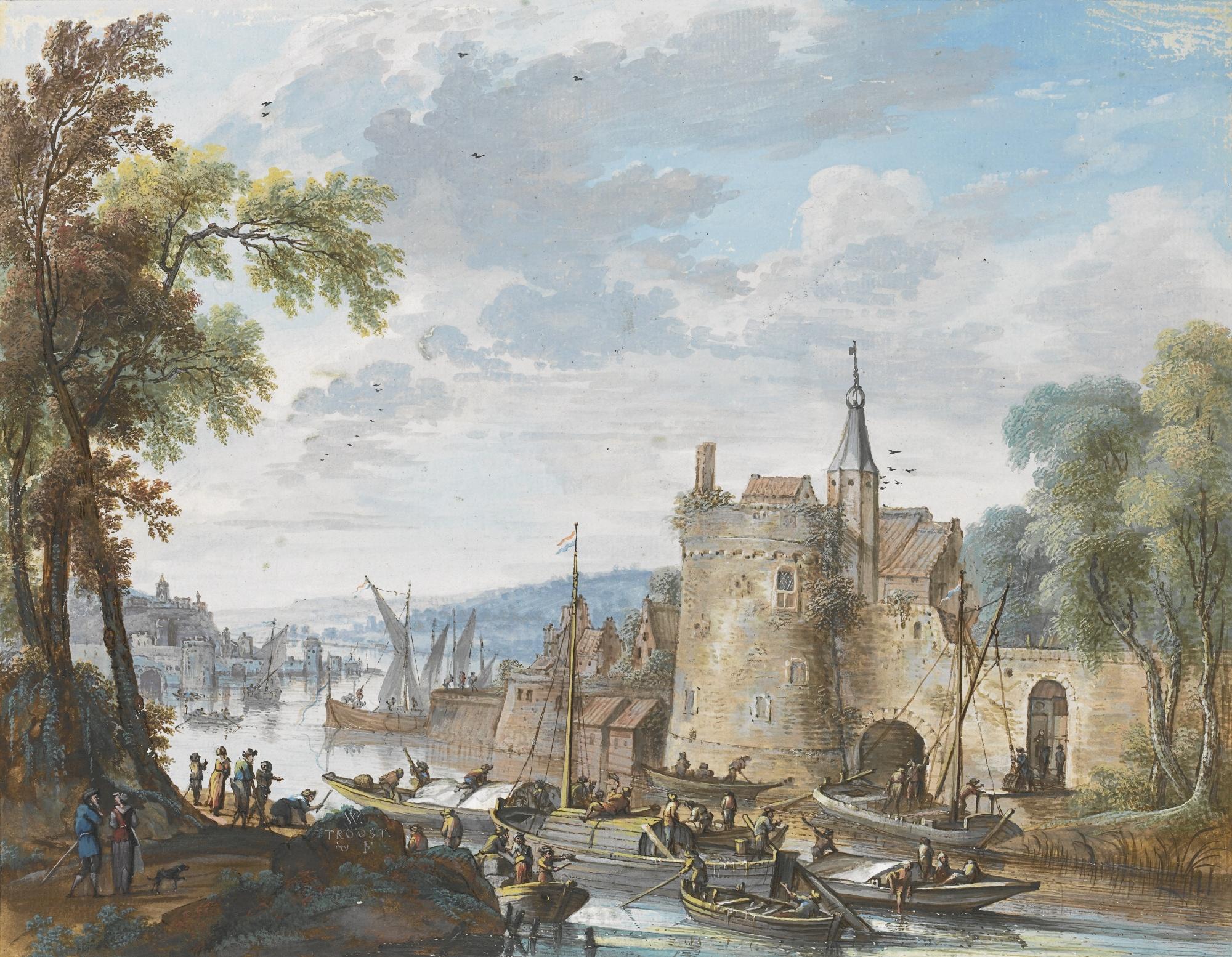 Willem Troost - A River Landscape With Small Vessels By A Fortification
