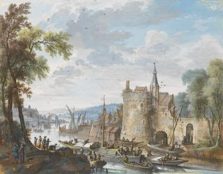 Willem Troost - A River Landscape With Small Vessels By A Fortification
