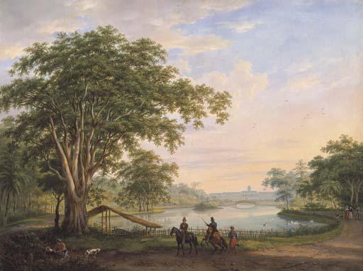 Willem Troost - The garden facade of the Old Palace of the Governor-General at Buitenzorg (Bogor) before the earthquake of 1834, viewed from the far side of the ornamental lake in the botanic gardens