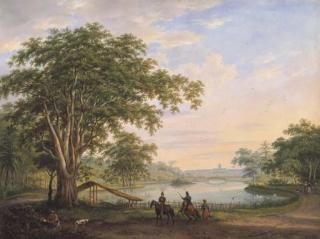 Willem Troost - The garden facade of the Old Palace of the Governor-General at Buitenzorg (Bogor) before the earthquake of 1834, viewed from the far side of the ornamental lake in the botanic gardens
