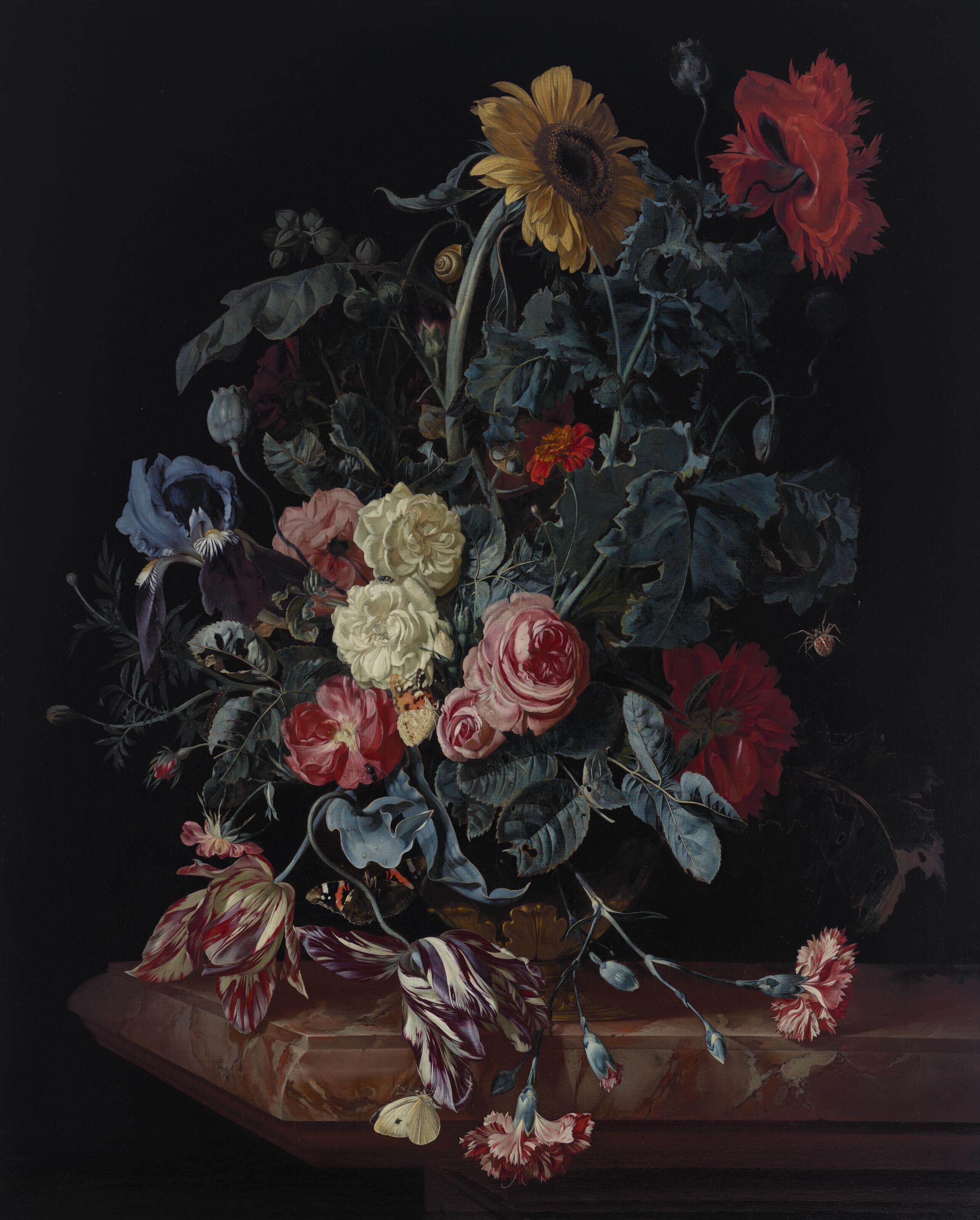 Willem van Aelst - A bouquet with a sunflower, roses, an iris, tulips, carnations and a camellia in a gilt mounted vase, with insects on a marble tabletop