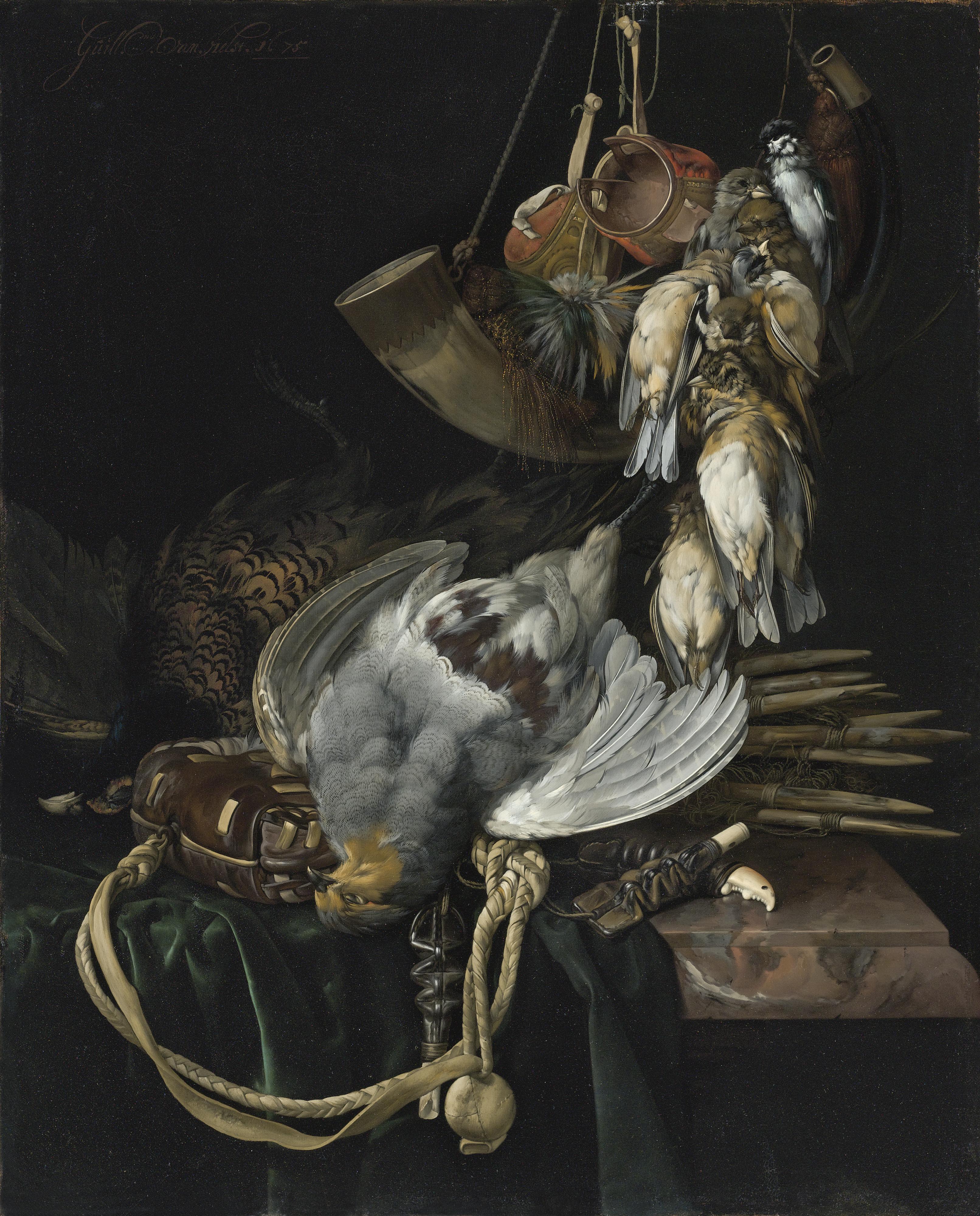 Willem Van Aelst - A Partridge, A Pheasant, A Hunting Bag And Traps On A Partially Draped Ledge, Songbirds, A Hunting Horn And Hawking Hoods Hanging Above