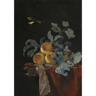 Willem Van Aelst - A Still Life With Peaches, Raspberries And Damsons On A Partially Covered Marble Ledge, A Bird Flying Above