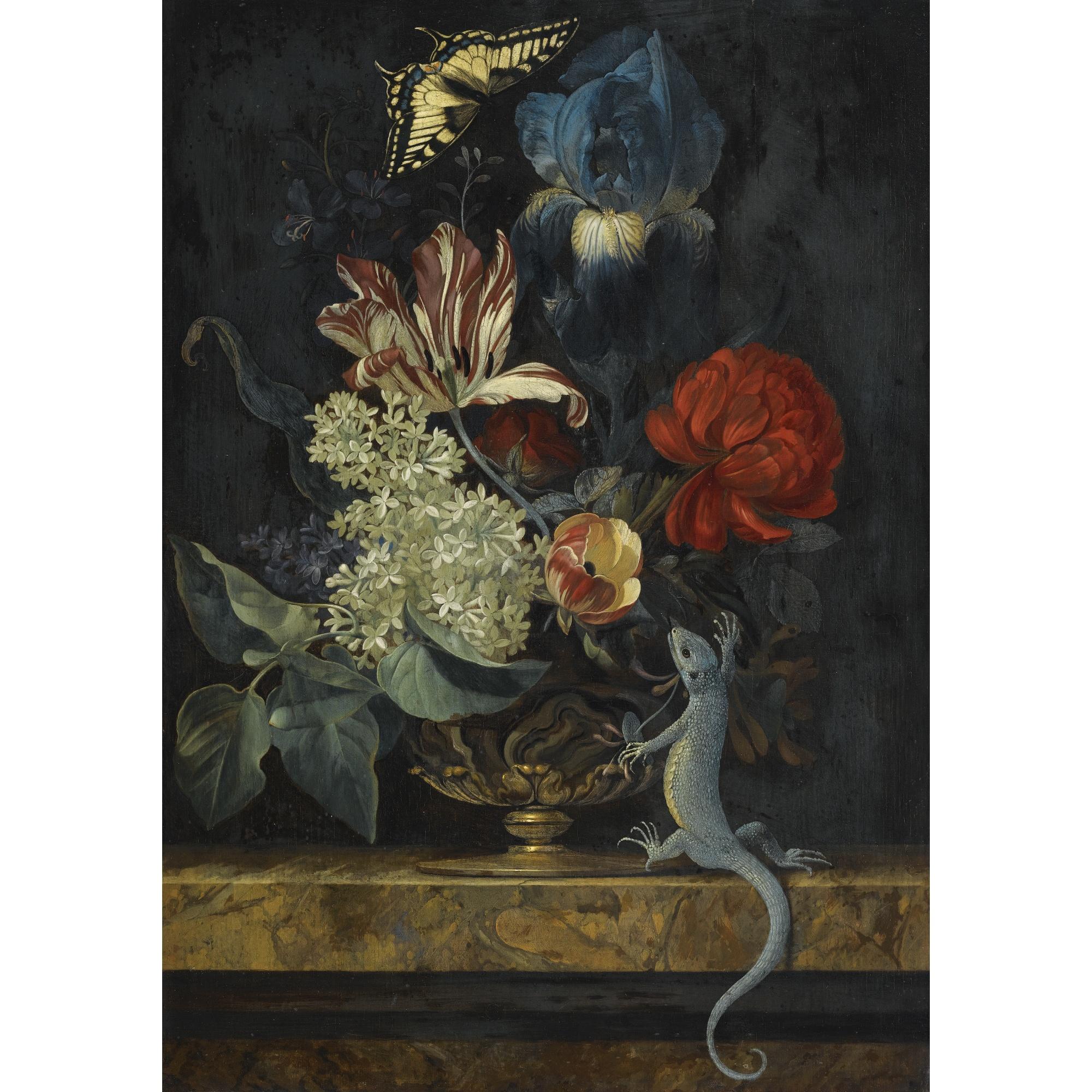Willem Van Aelst - A Still Life With Tulips And Other Flowers In A Vase On A Marble Ledge, With A Lizard And A Butterfly