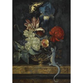 Willem Van Aelst - A Still Life With Tulips And Other Flowers In A Vase On A Marble Ledge, With A Lizard And A Butterfly