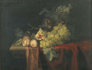 Willem Van Aelst - Grapes, plums, figs and a melon, on a partly draped stone ledge