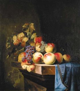 Willem Van Aelst - Peaches and grapes on a marble ledge