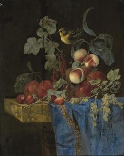 Willem Van Aelst - Plums, Strawberries, Peaches, Grapes, Redcurrants And Gooseberries With A Finch, On A Partly-Draped Marble Ledge