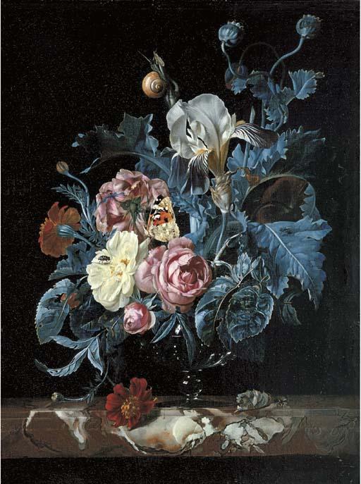 Willem van Aelst - Roses, irises, poppies and other flowers in a glass vase, on a marble ledge with a tortoiseshell butterfly and insects