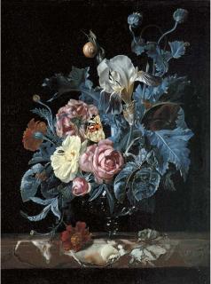 Willem van Aelst - Roses, irises, poppies and other flowers in a glass vase, on a marble ledge with a tortoiseshell butterfly and insects