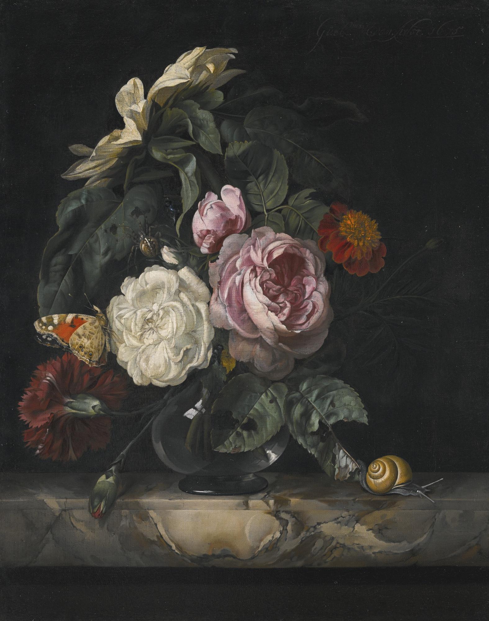 Willem Van Aelst - Still Life Of Roses, A Carnation And A Sunflower In A Glass Vase, On A Marble Ledge