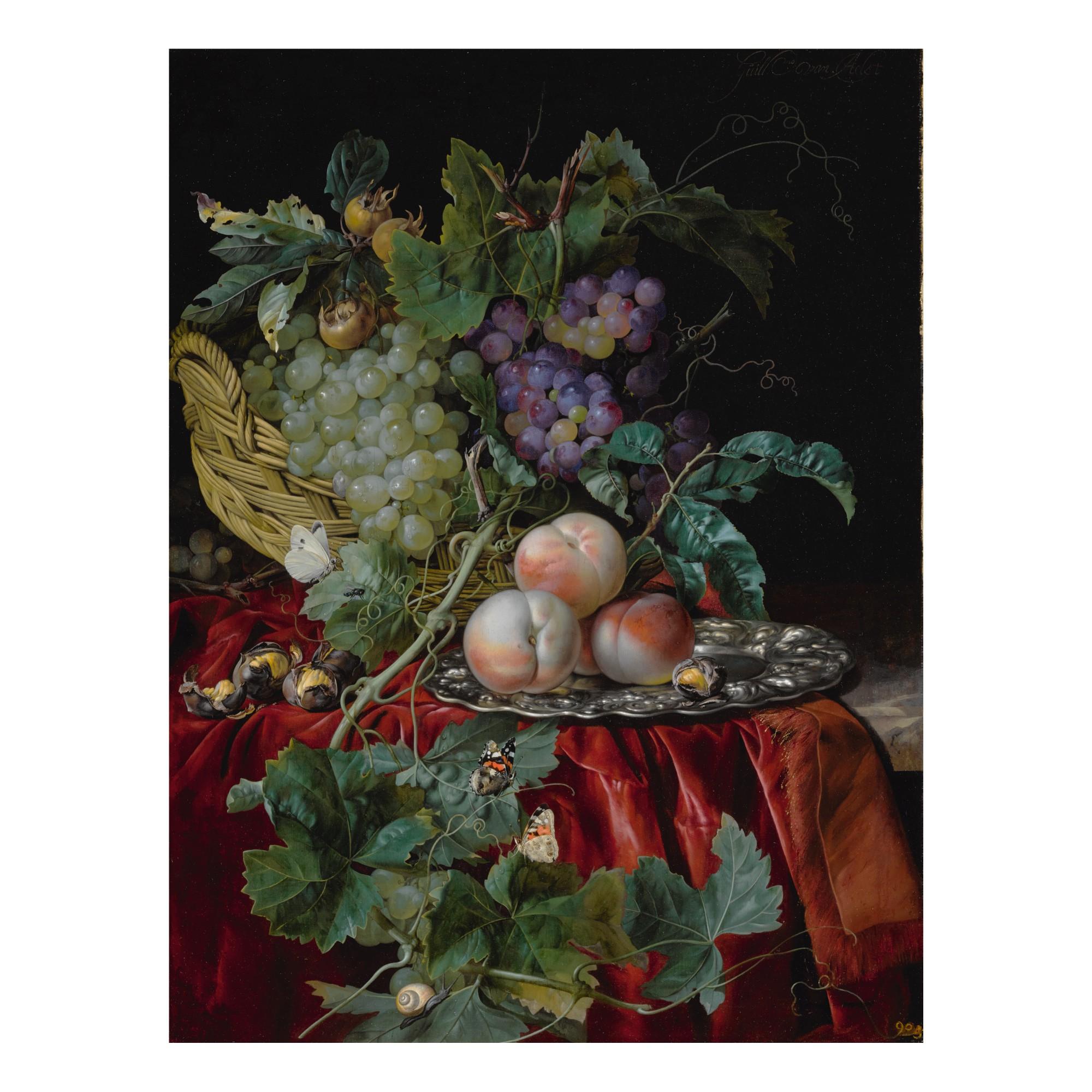 Willem Van Aelst - Still life with grapes in a basket, peaches on a silver dish, medlars, two butterflies, a fly and a snail, all on a red velvet cloth over a partially draped ledge