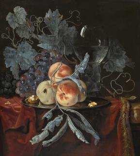 Willem van Aelst - Still Life With Peaches And Grapes On A Pewter Plate, With A Walnut, And A Glass Roemer, All On A Draped Table