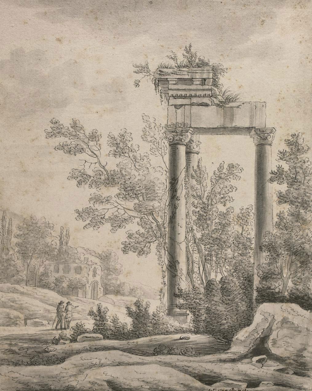 Willem van Bemmel - A classical ruin in an Italianate landscape with two travellers on a path, a ruin beyond