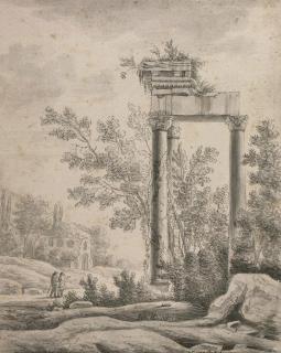 Willem van Bemmel - A classical ruin in an Italianate landscape with two travellers on a path, a ruin beyond