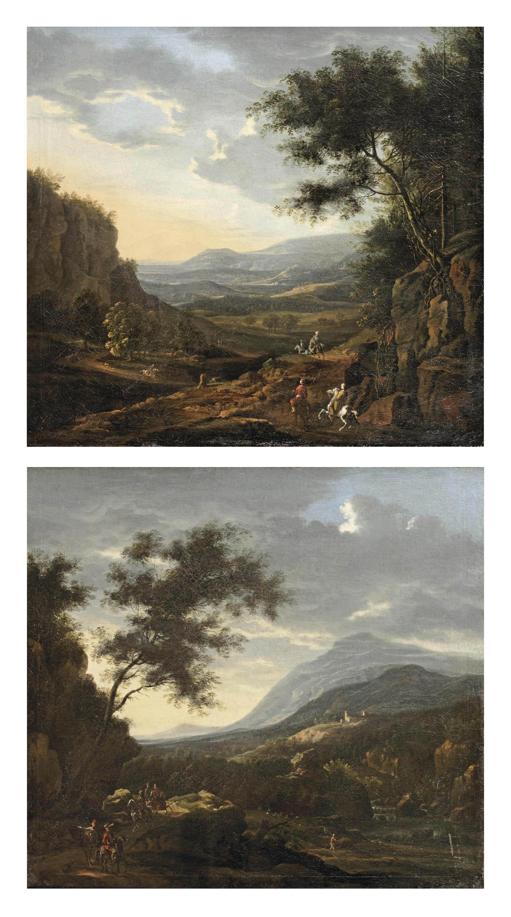 Willem van Bemmel - A mountainous landscape with horseman on a track at sunset; and A mountainous river landscape with horsemen on a rocky path at dawn