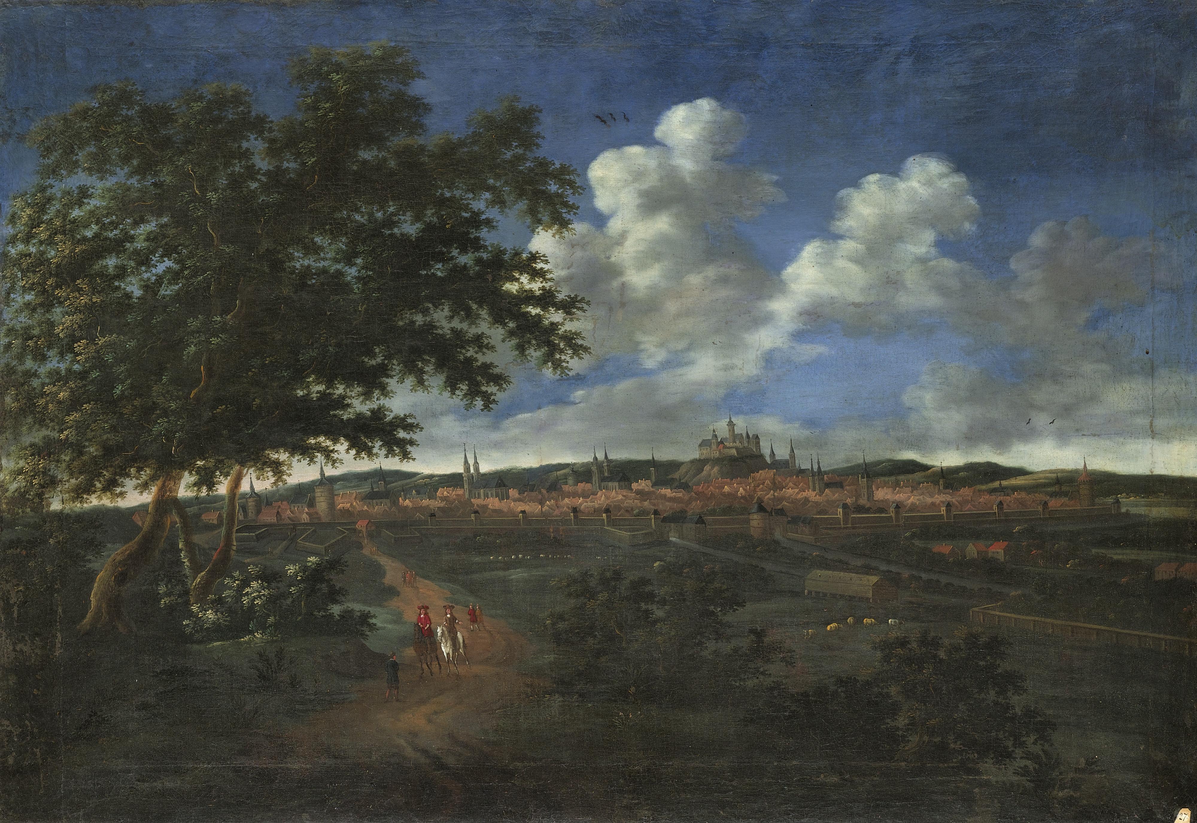 Willem Van Bemmel - A Panoramic View Of Nuremburg With Riders In The Foreground