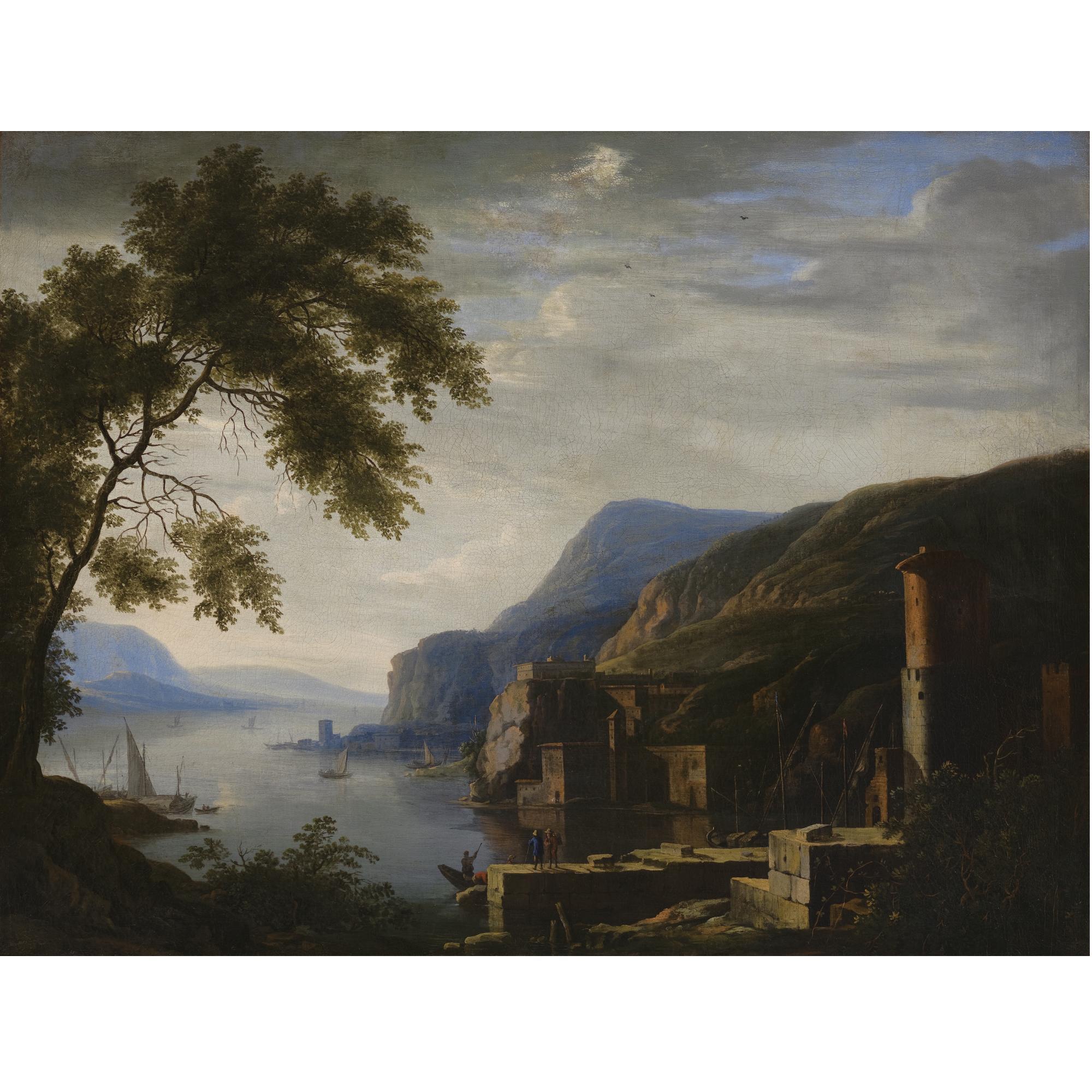 Willem van Bemmel - An Extensive Italianate River Landscape With Travellers Near Ruins, Shipping Near A Harbour Beyond