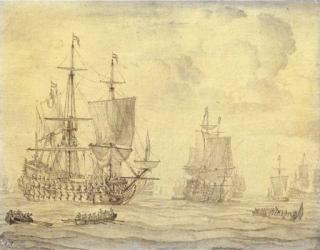 Willem Van De Velde I - A Dutch fleet in a calm with barges in the foreground