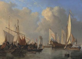Willem Van De Velde II - A Dutch States Yacht, a smalschip, a Rhine aak and other vessels in a calm