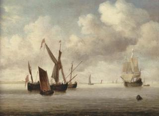 Willem van de Velde II - A galjoot and a smalschip at anchor approached by a small kaag, a flute under sail and other vessels beyond