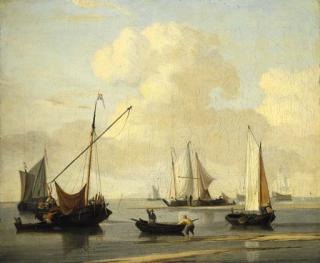 Willem Van De Velde II - A kaag, a weyschuit and two rowing-boats off a sandbank in a calm, two men-o\'-war and other shipping beyond