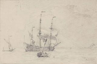 Willem Van De Velde Ii - A threemaster and smaller vessels off the coast