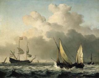 Willem van de Velde II - A wijdschip close-hauled in a fresh breeze, with other shipping