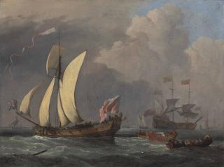 Willem van de Velde II - An English Royal Yacht, probably the Katherine, and a man-of-war beyond, probably the Harwich with Charles II aboard on his way to, or from Portsmouth in 1675, on the occasion of the Launch of the Royal James