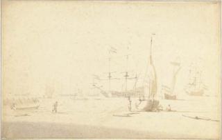 Willem van de Velde II - The Dutch Fleet At Anchor, Fishermen With Beached Vessels In The Foreground