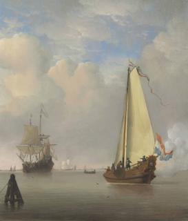 Willem Van De Velde Ii - The Evening Gun - Shipping in a calm with a Dutch Bezan yacht