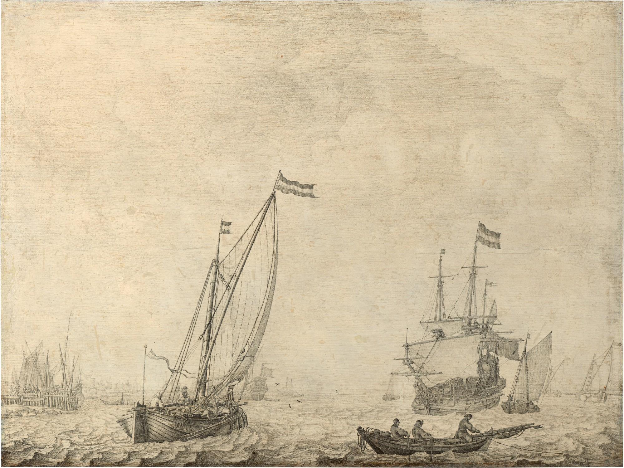 Willem van de Velde the Elder - A coastal scene with a three-master, a kaag on a broad reach and other small vessels, a penschilderij