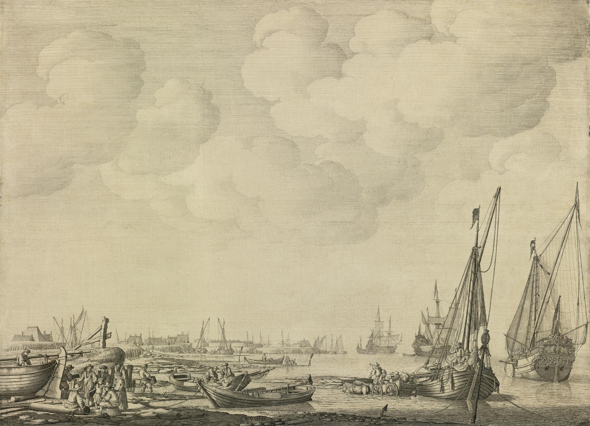 Willem Van De Velde The Elder - Dutch Harbor In A Calm With Small Vessels Inshore And Beached Among Fishermen, A Kaag At Anchor, A States Yacht And Men O\'War Offshore:  A \