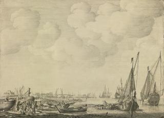 Willem Van De Velde The Elder - Dutch Harbor In A Calm With Small Vessels Inshore And Beached Among Fishermen, A Kaag At Anchor, A States Yacht And Men O\'War Offshore:  A \